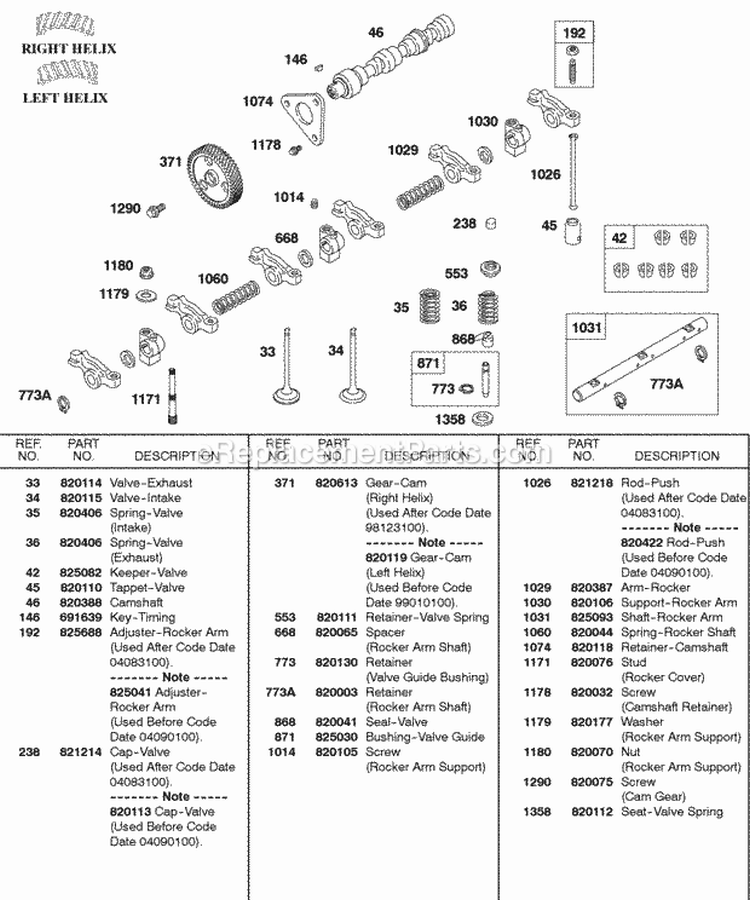 Camshaft Rocker Arm Valves Springs Diagram and Parts List for  Briggs and Stratton Engine